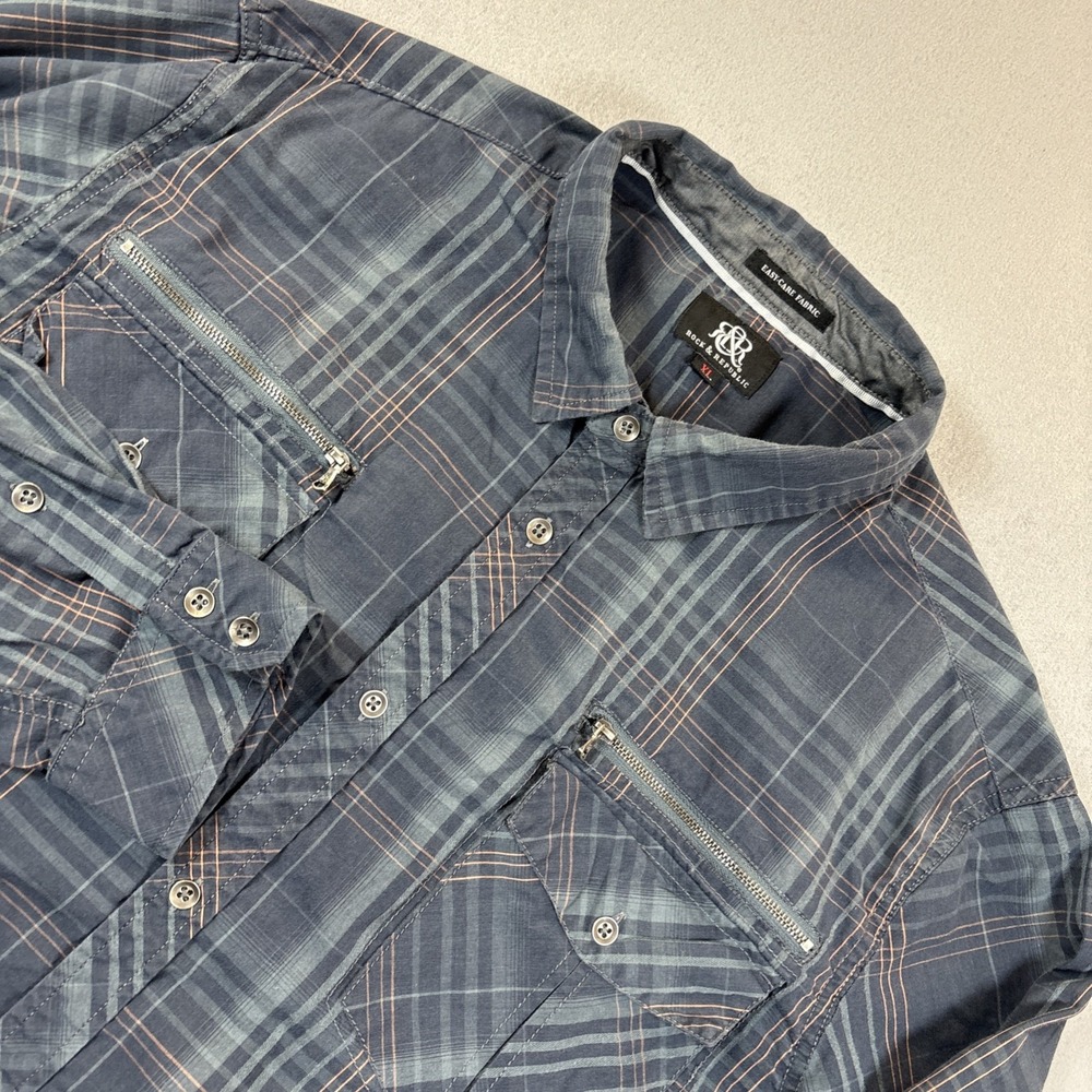 Rock Republic Shirt Men XL Grey Blue Plaid Button‎ Up Zippers Pockets Rodeo